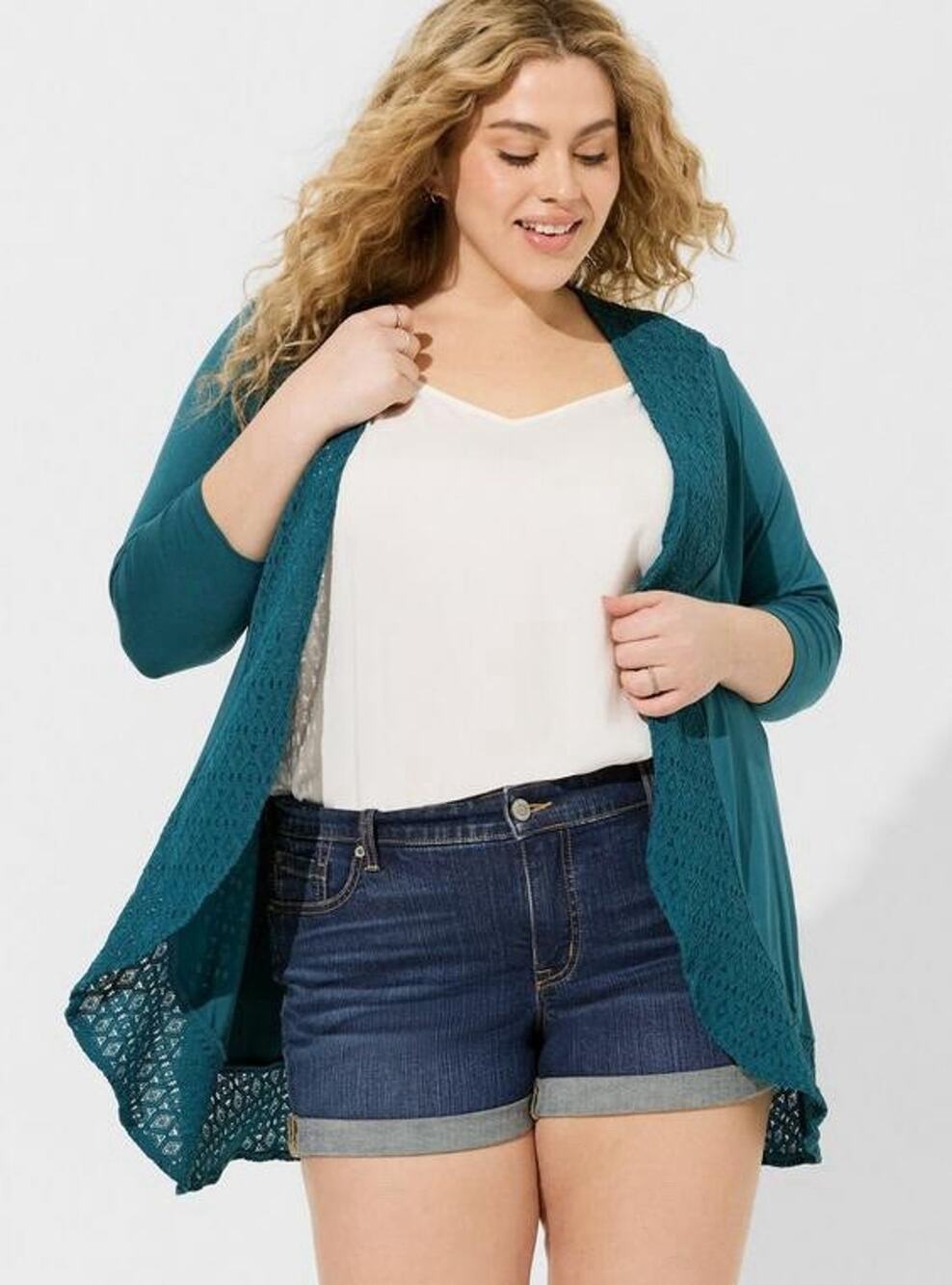 Torrid Teal Knit Open Front Lace Trim 3/4 Sleeve Cardigan Plus 2X